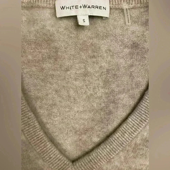 WHITE + WARREN Essential Cashmere V-Neck Sweater in Sand Wisp Heather Size Small - Picture 10 of 10